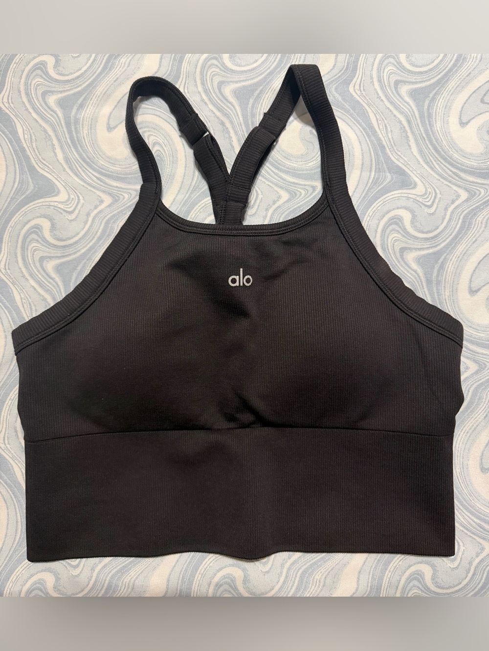 ALO Yoga Black Ribbed Strappy High-Neck Sports Bra